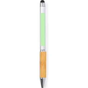 A green stylus touch ball pen with a bamboo barrel and a chrome tip. The pen features a logo.