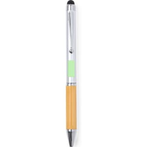 A stylus touch ball pen featuring a silver body and bamboo grip, with a black stylus tip and a logo.