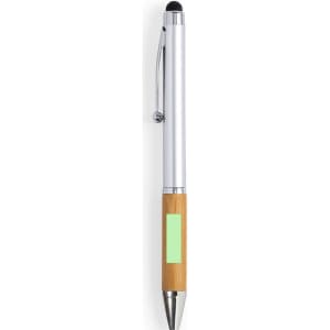 A silver and bamboo stylus touch ball pen with a green accent and a logo on the body.