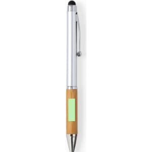 A silver and bamboo stylus touch ball pen with a clip and a logo.