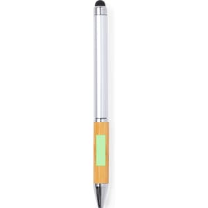 A silver and bamboo stylus touch ball pen featuring a logo on the barrel.