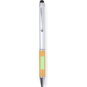 A ballpoint pen with a silver clip, bamboo barrel, and a stylus tip at the end. It features a logo on the barrel.