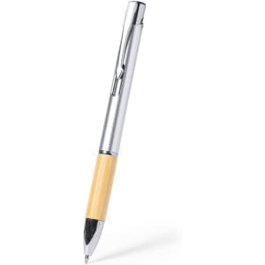 A sleek pen with a silver upper section and a bamboo lower section, featuring a chrome clip and tip.