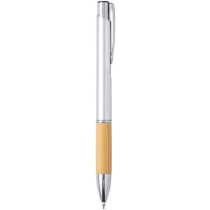 A Yackets Pen in silver with a bamboo grip, featuring a polished chrome finish and a clip at the top.