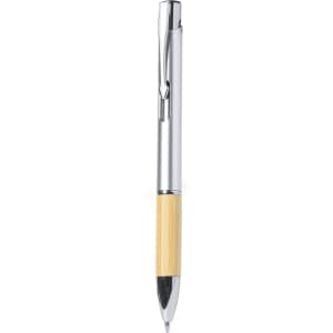 A silver pen with a bamboo grip and a clip. The design features a sleek, modern look and comes with a branding logo.