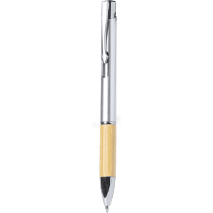 A pen with a silver top and a wooden base, featuring a branded logo.