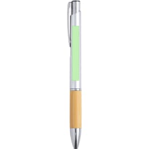 A pen featuring a bamboo body, chrome accents, and a green decorative area. It has a logo on the side.