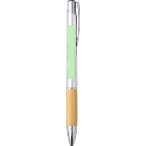 A pen featuring a silver and bamboo design with a green accent area. It includes a clip for easy attachment.