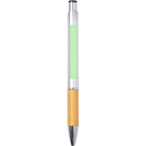 A pen with a bamboo barrel, chrome accents, and a transparent section featuring a green insert.
