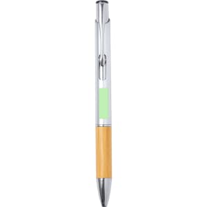 A pen with a silver tip, bamboo barrel, and a green section for personalisation. Includes a logo on the side.