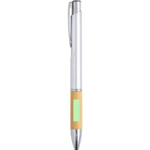 A silver pen with a bamboo accent and a logo on the side.
