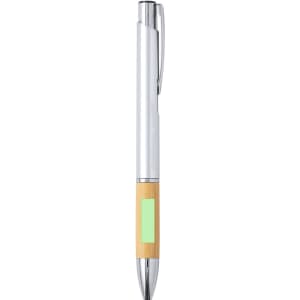 A metallic and bamboo pen with a green accent, featuring a clip and a branding logo.