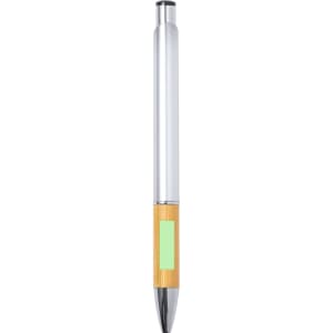 A silver and bamboo pen with a green label area and a shiny tip, featuring a logo on the body.