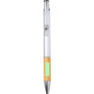 A silver pen with a bamboo section and a small rectangular space for branding or notes.