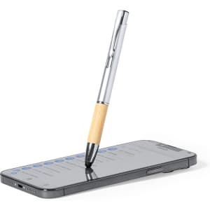 A silver and bamboo stylus touch ball pen rests on a smartphone screen, featuring a logo.