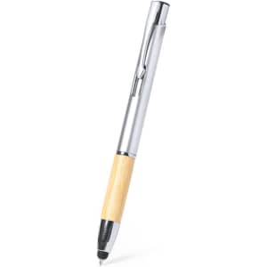 A stylus touch ball pen featuring a silver barrel and a bamboo grip, with a logo on the clip.