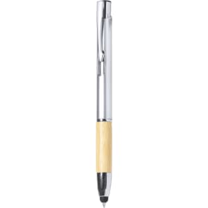 A stylus touch ball pen featuring a chrome finish and a natural bamboo body. It includes a branding logo.