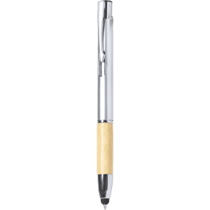 A silver ballpoint pen with a bamboo grip and a stylus tip, featuring a branding element.