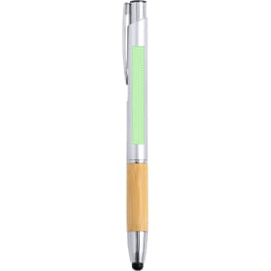 A silver and bamboo ball pen with a green accent, featuring a stylus tip and a logo.