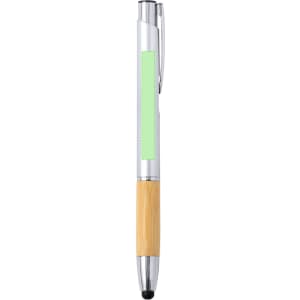 A stylus touch ball pen with a silver top, bamboo grip, and a green accent area. The pen also features a logo.