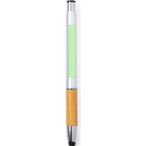 A silver and bamboo ballpoint pen featuring a green stylus tip and a section for custom branding.