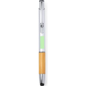 A silver and bamboo touch ball pen with a stylus tip, featuring a logo on the barrel.