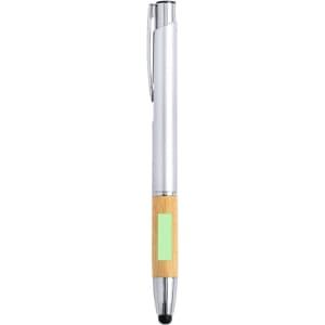 A silver and bamboo stylus touch ball pen featuring a branding area.