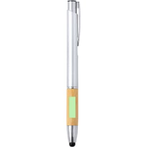 A silver ballpoint pen with a bamboo grip and a stylus tip, featuring a branding logo.