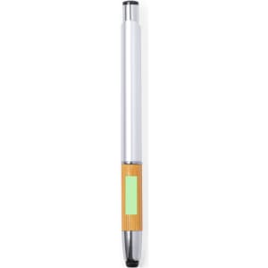 A stylus touch ball pen featuring a silver barrel and a bamboo grip, with a logo on the body.