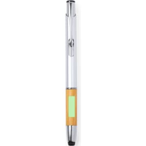 A silver and bamboo stylus touch ball pen with a matte finish and a logo on the barrel.