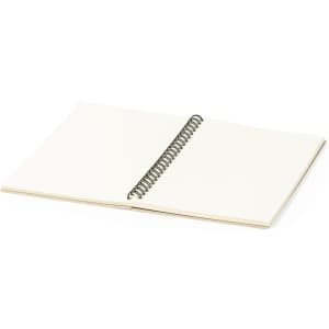 A spiral-bound notebook with blank pages, featuring a neutral colour scheme and a visible binding.