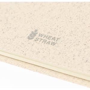 A beige notebook with a textured cover, featuring a subtle logo, suitable for office and business use.