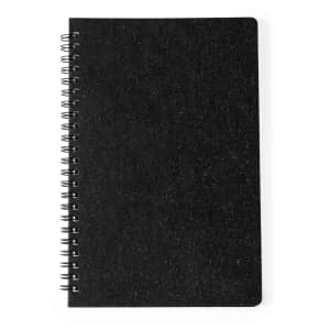 A black spiral-bound notebook featuring a textured cover, designed for office and business use.