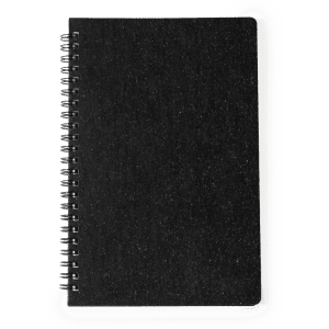 A black spiral-bound notebook with a textured cover, featuring a logo on the front.
