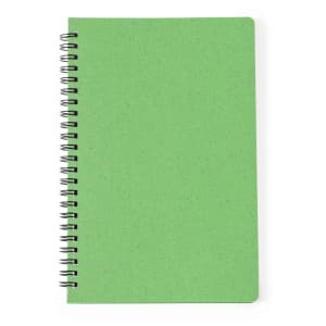 A green spiral-bound notebook with a textured cover, featuring a wire spiral binding.