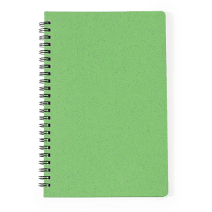 A green spiral-bound notebook featuring a plain cover, ideal for office and business use.