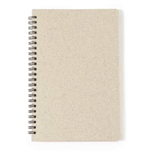 A beige spiral-bound notebook with a textured cover and black spiral binding. It has a logo on the front.