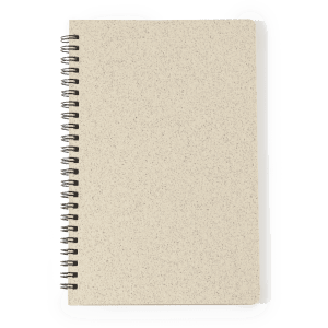 A beige spiral-bound notebook with a textured cover and a metal spiral binding.