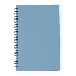 A blue spiral-bound notebook with a plain cover and visible binding. It has a textured surface and no printed designs.