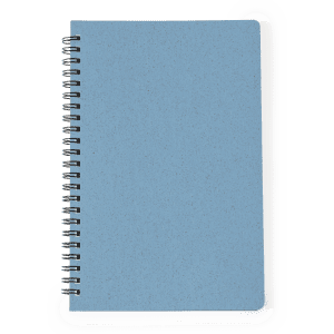 A blue spiral-bound notebook with a textured cover, featuring a plain design and a black spiral binding.