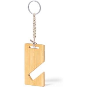 A bamboo keyring with a unique geometric design, featuring a metal keychain attachment and a braided cord.