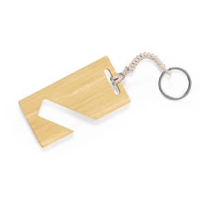 A bamboo keyring with a unique geometric shape and a secure loop for attachment.