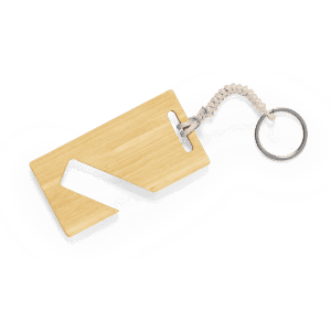 A bamboo keyring in a zigzag design, featuring a silver keyring and a woven cord attachment.
