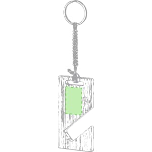 A keyring with a textured wooden design and a green label area, attached to a metal ring.