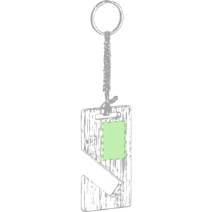 A keyring featuring a wooden tag design with a silver chain and a loop for attaching keys.