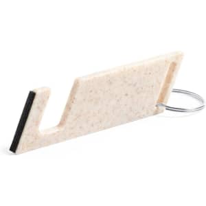 A multifunction keyring in a light beige colour, featuring a sleek design and a key ring attachment.