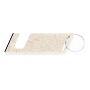 A light beige multifunction keyring featuring a simple design and a metal ring attachment.