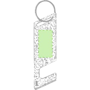 A multifunction keyring in silver with a green panel, featuring a round keychain loop.