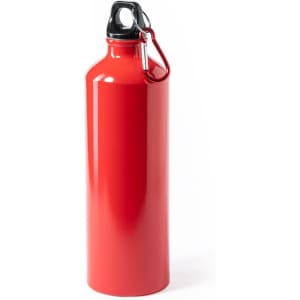 A red drink bottle with a black lid and a carabiner clip for convenience.