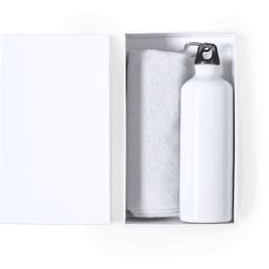 A white drink bottle and a grey towel in a white box, featuring a logo on the bottle.